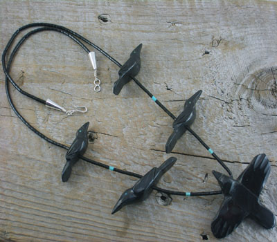 Southwest Jewelry Carved Jet Raven Fetish Necklace